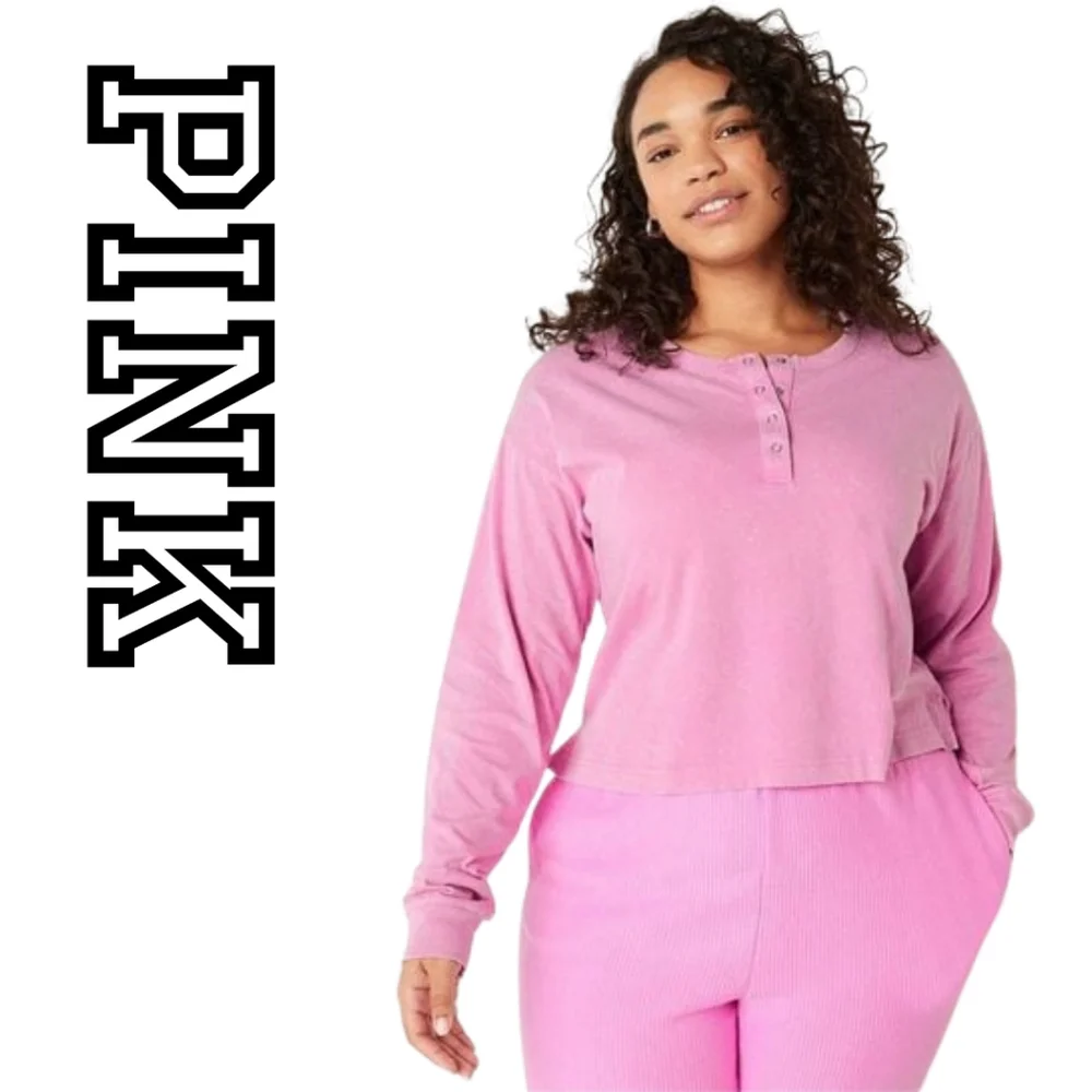 Victoria's Secret Pink- Cropped Long Sleeve Campus Henley T-Shirt - Pink - Large - Picture 2 of 3